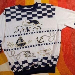 Vintage 80's Nautical Themed Women's Checkered Shirt,Navy White Gold Yacht